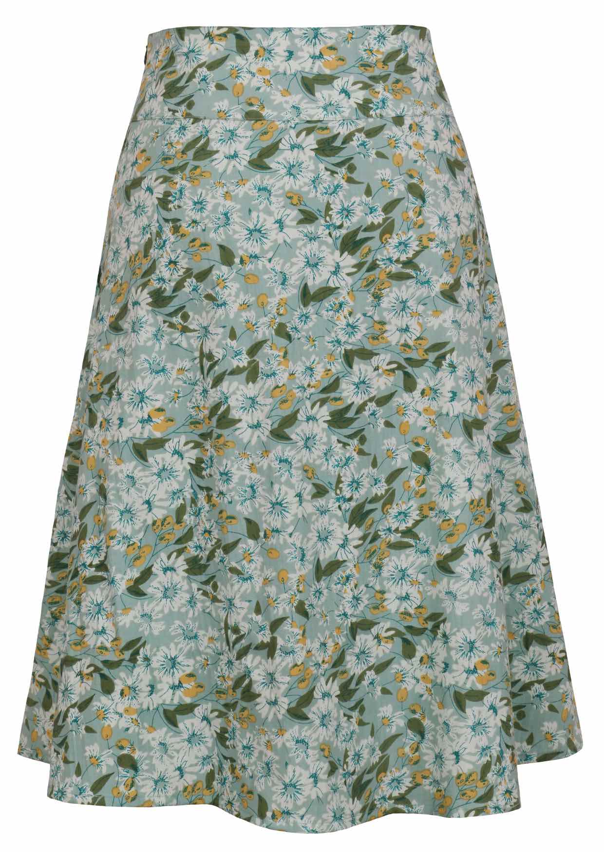 100% cotton sage green printed mid length A-line skirt with a wide waistband, pockets, and side zipper