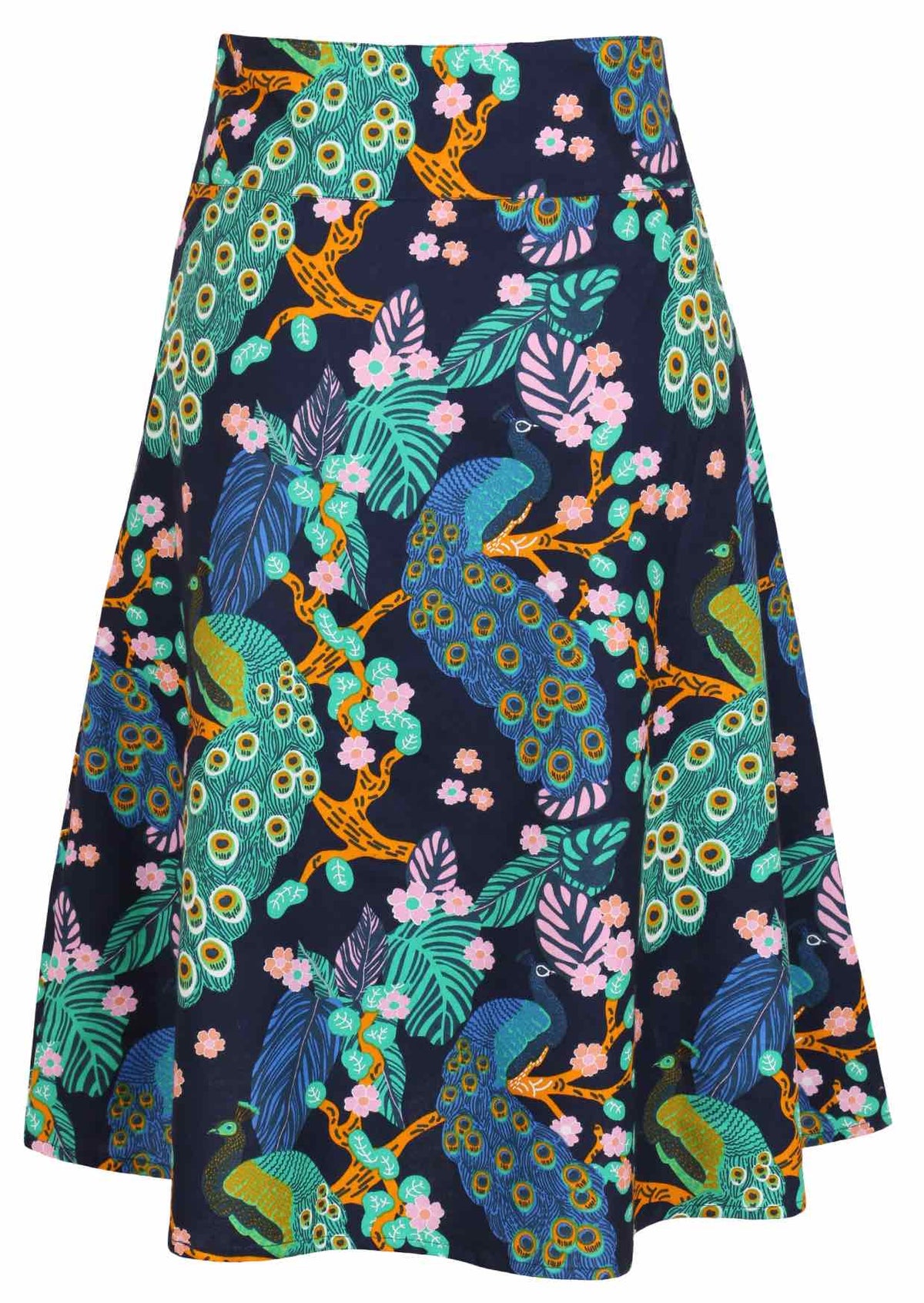 Back view of 100% cotton skirt with hidden side zip and wide waistband in sage navy blue based floral print.
