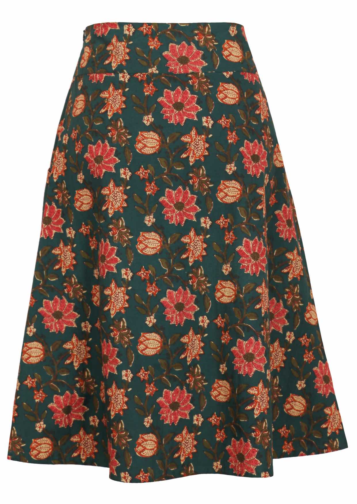 Midlength cotton zara skirt with wide waistband in cream, pink and orange florals on dark green background.