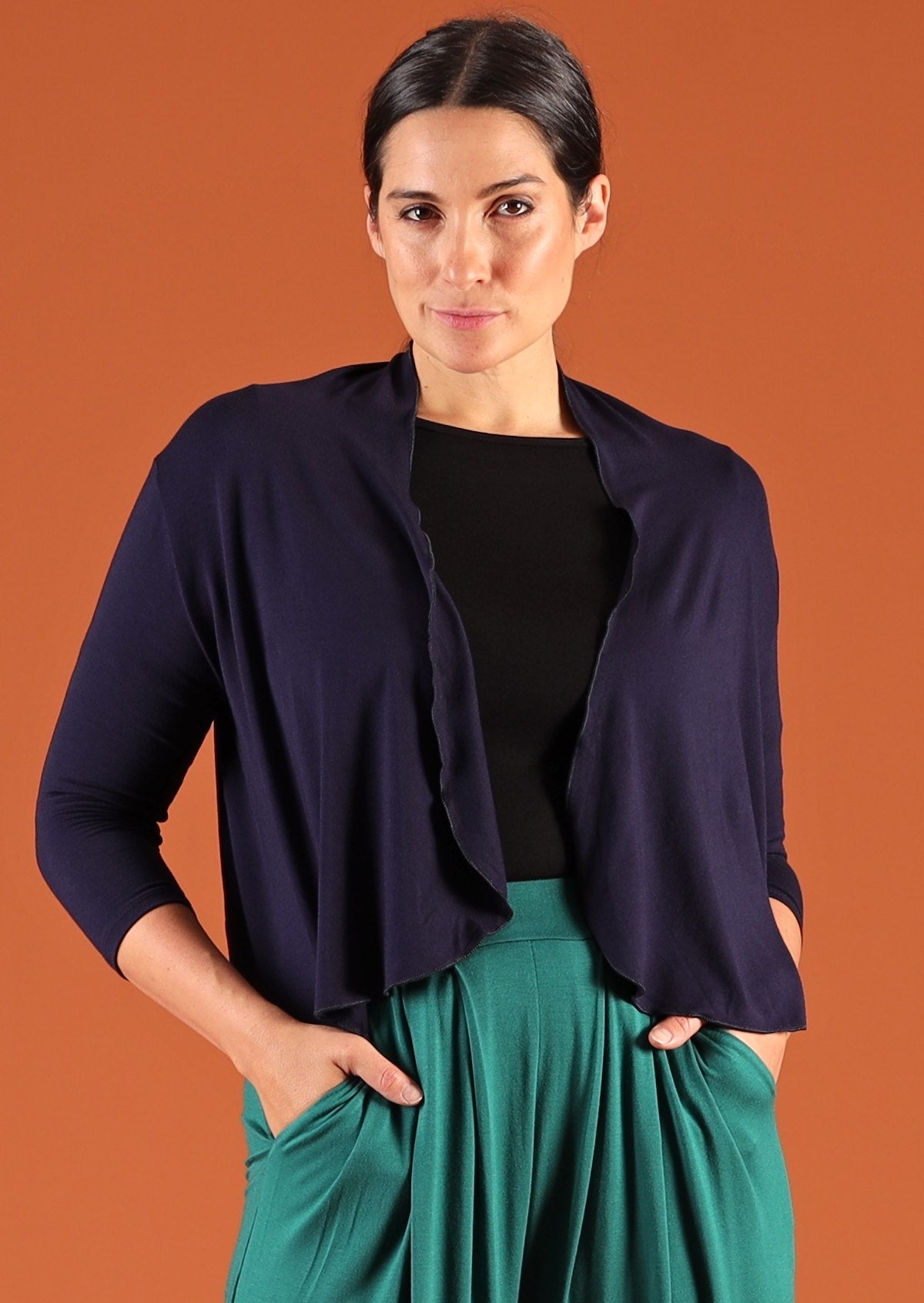 Bolero Cardi. open drape front 3/4 sleeve sits at waist length soft stretch rayon navy blue | Karma East Australia