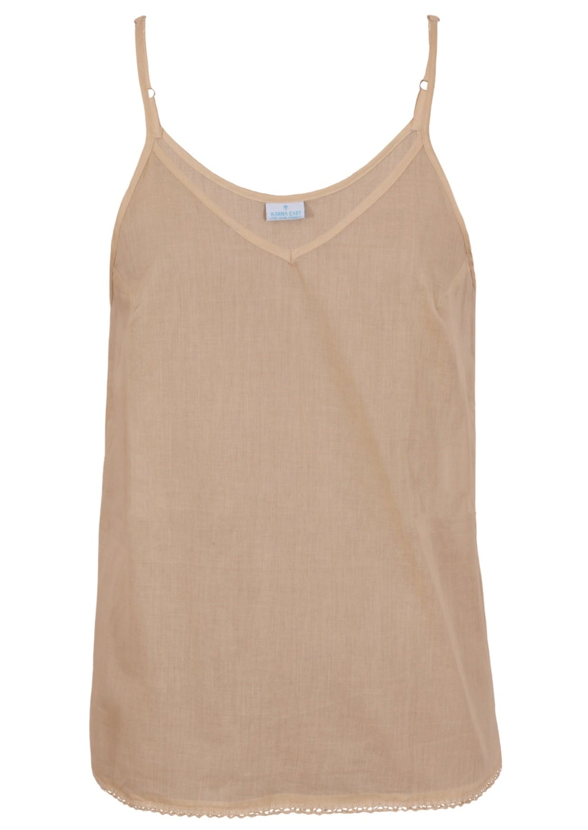A light beige cotton camisole tank top with thin spaghetti straps and a V-neckline, shown against a plain white background.