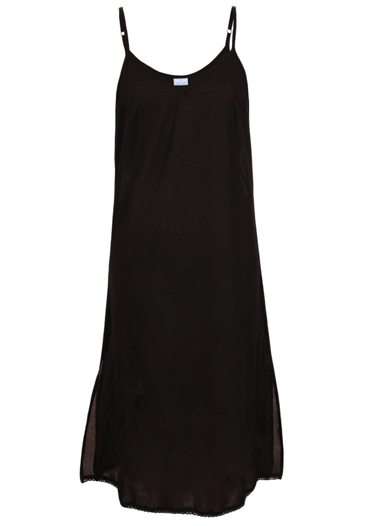 Black cotton voile slip dress with adjustable spaghetti straps, V-neckline, side splits and a picot trim hem, front view