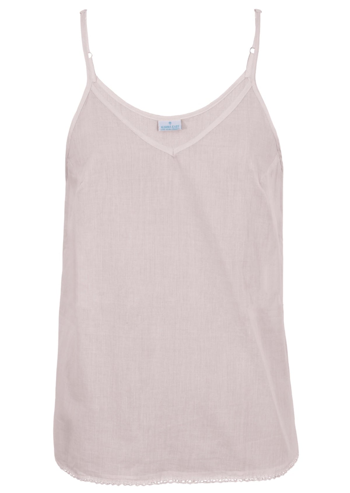 White cotton camisole top with adjustable spaghetti straps, a V-neckline and picot trim, front view