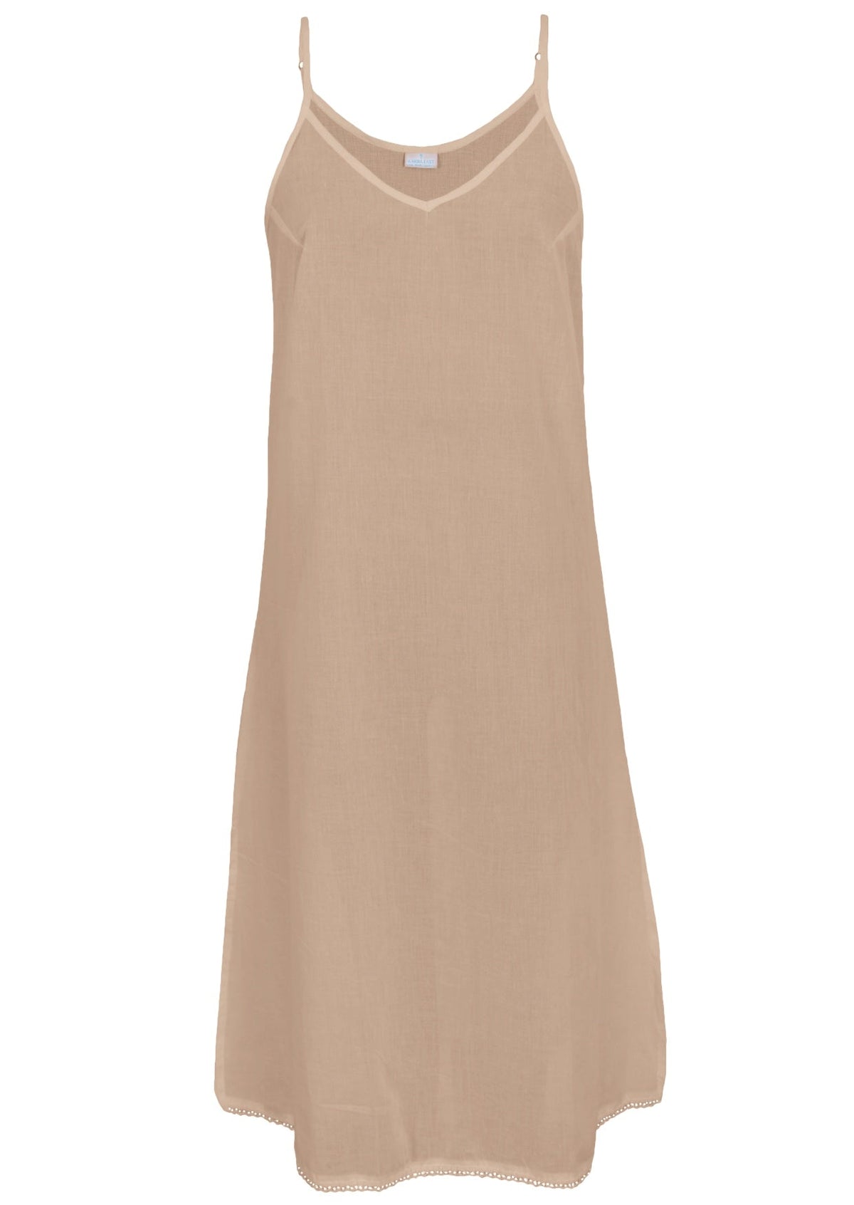 Nude cotton voile slip dress with adjustable spaghetti straps, V-neckline, side splits and a picot trim hem, front view