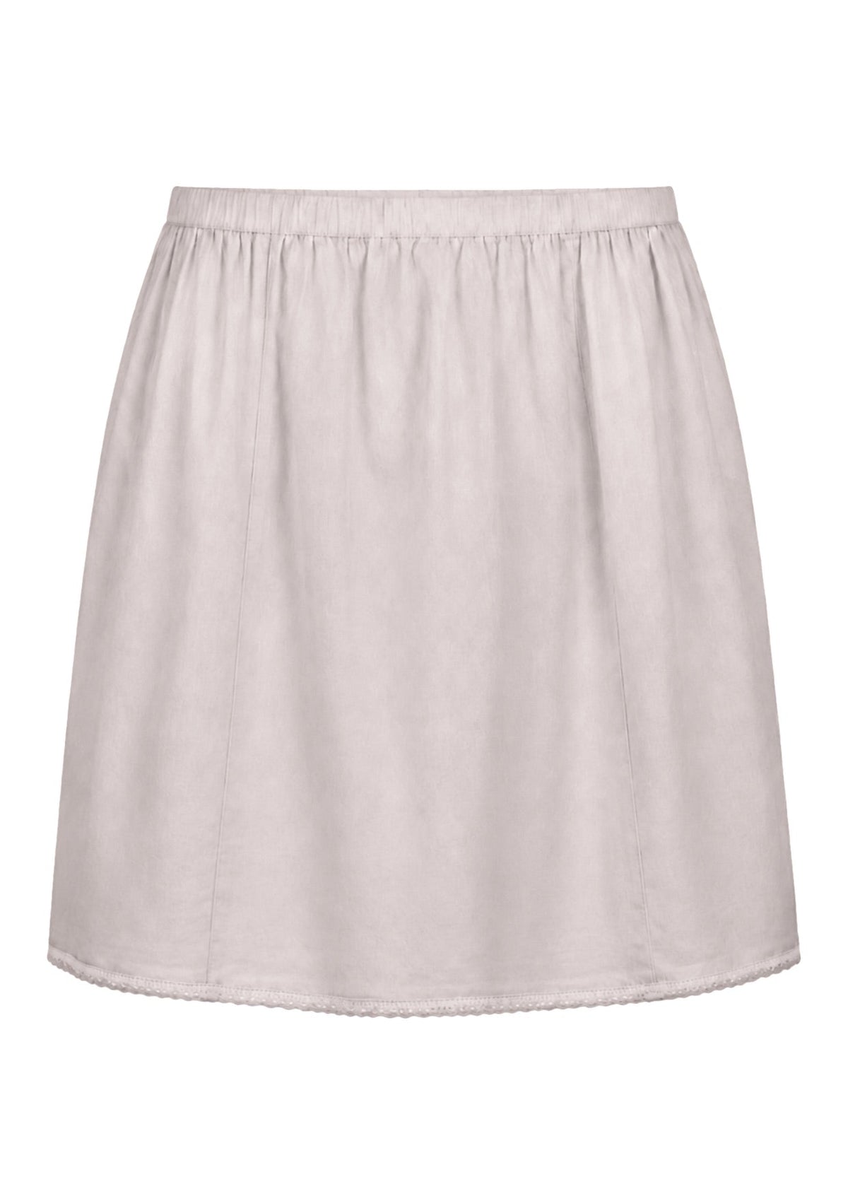 White slight A-line cotton slip skirt with elasticated waist and picot trim on hem, back view