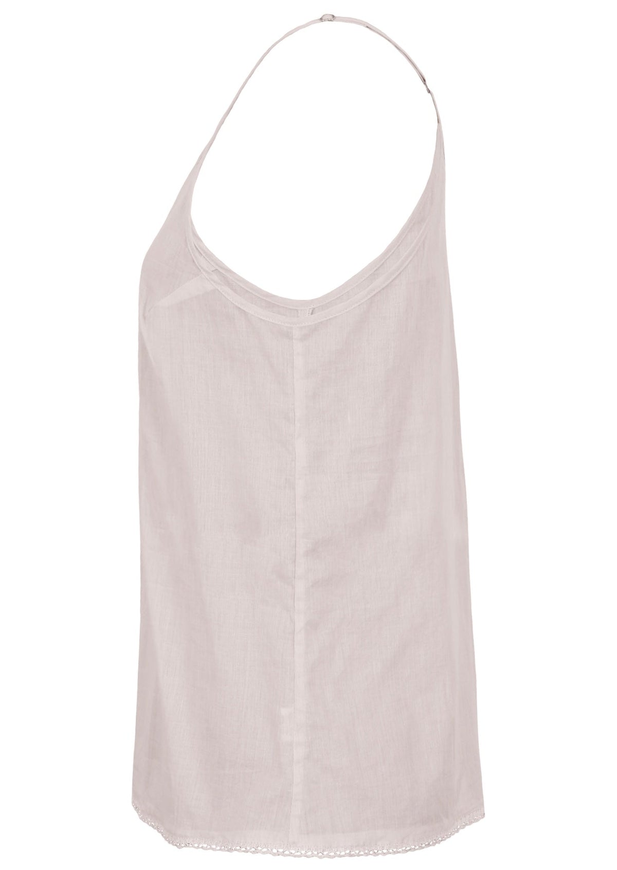 White cotton camisole top with adjustable spaghetti straps, a V-neckline and picot trim, side view