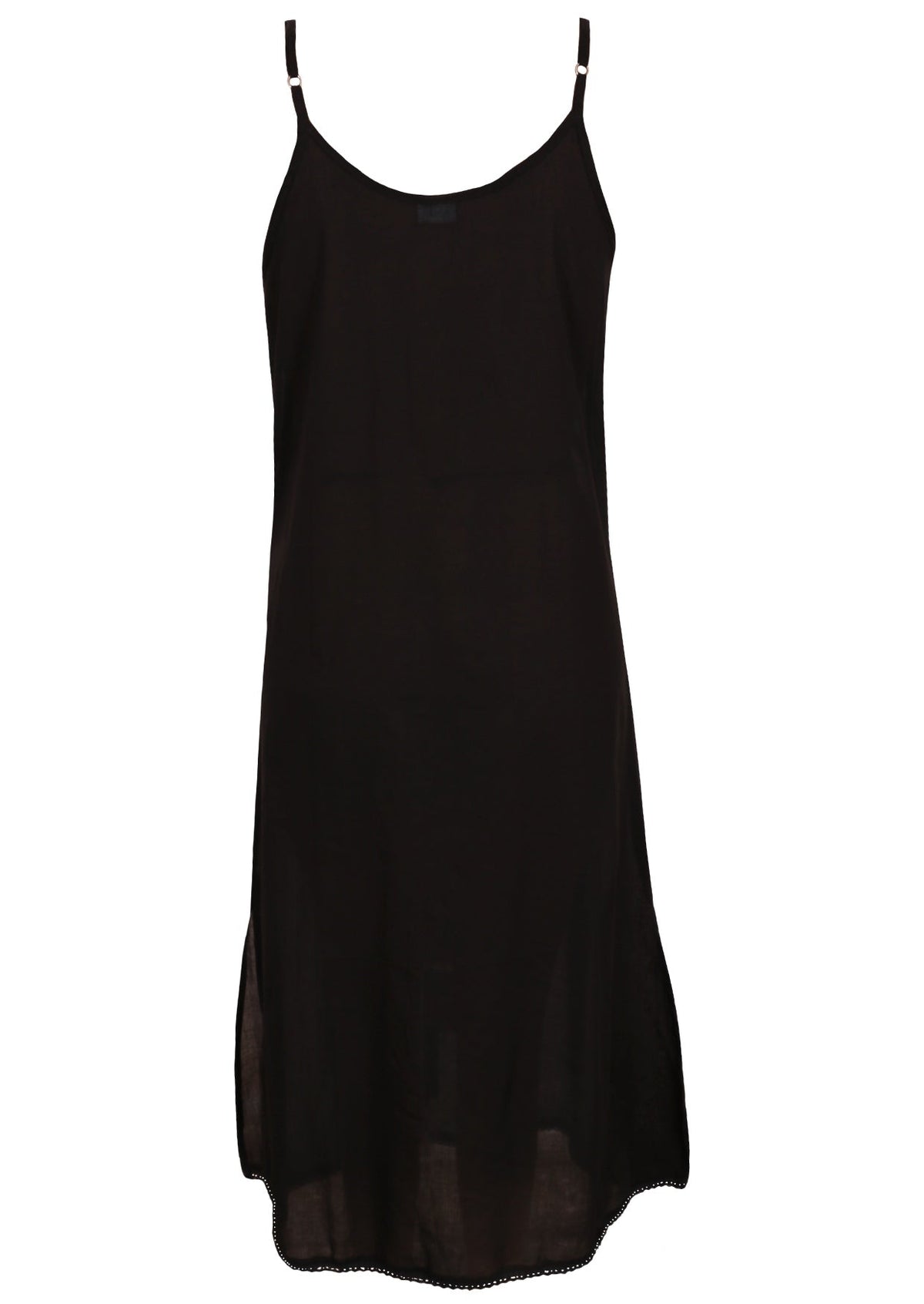 Black cotton voile slip dress with adjustable spaghetti straps, V-neckline, side splits and a picot trim hem, back view