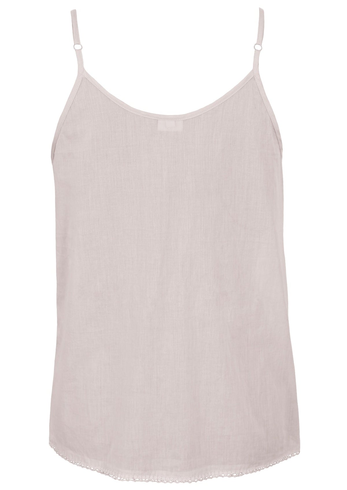 White cotton camisole top with adjustable spaghetti straps, a V-neckline and picot trim, back view