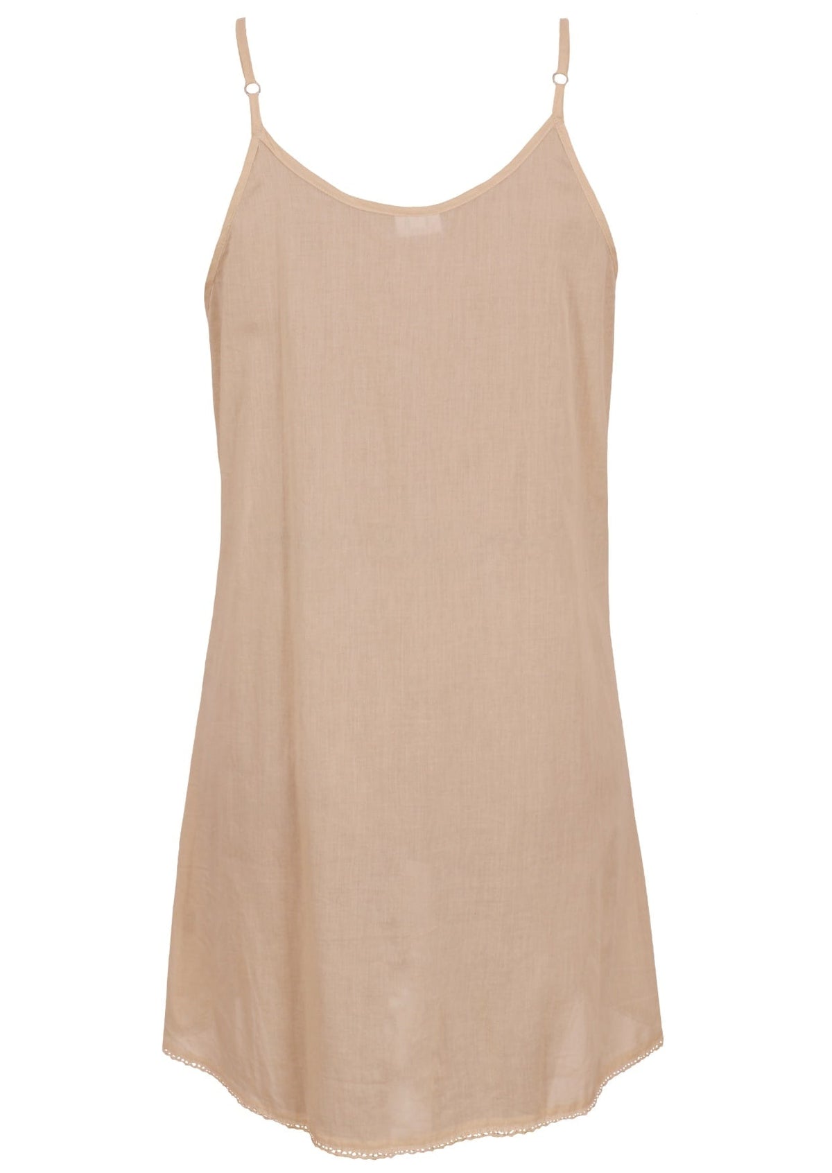 Nude cotton slip with adjustable spaghetti straps, back view