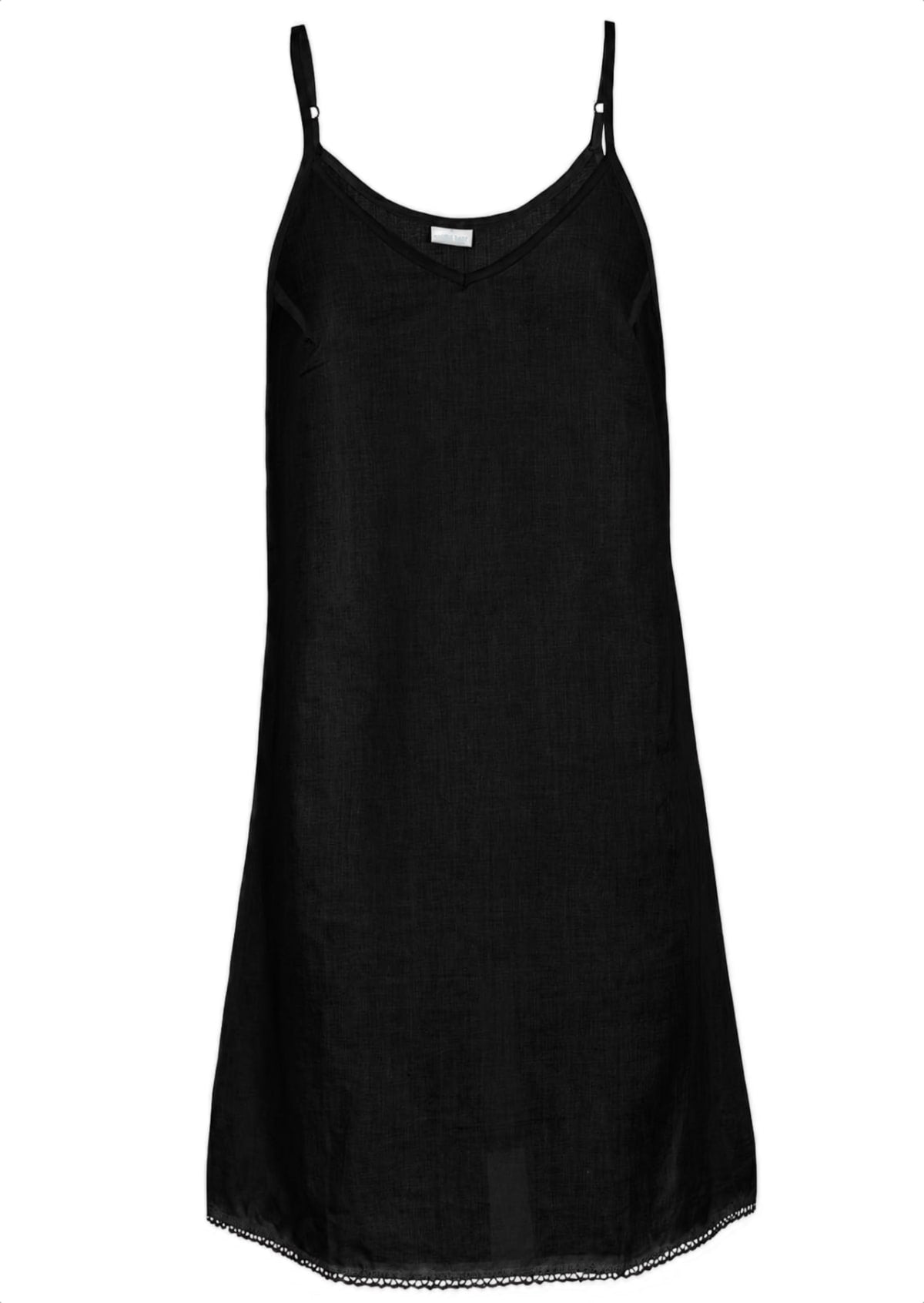 Black cotton slip with adjustable straps and lace-trimmed hem, flat lay on white background