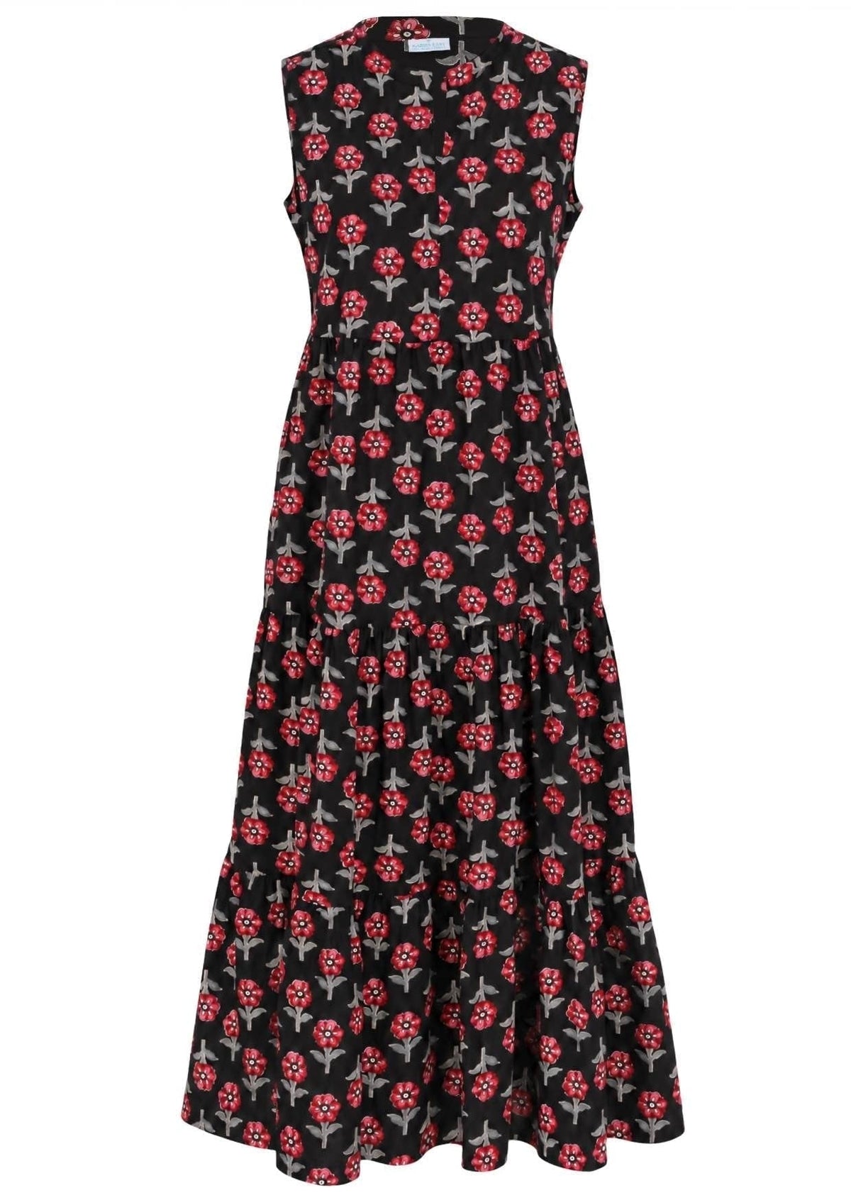 Black sleeveless tiered maxi dress with red folklore floral print, front view