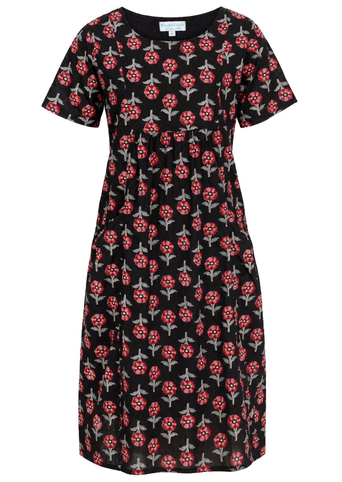 Front view of cotton dress with round neckline in black based floral print