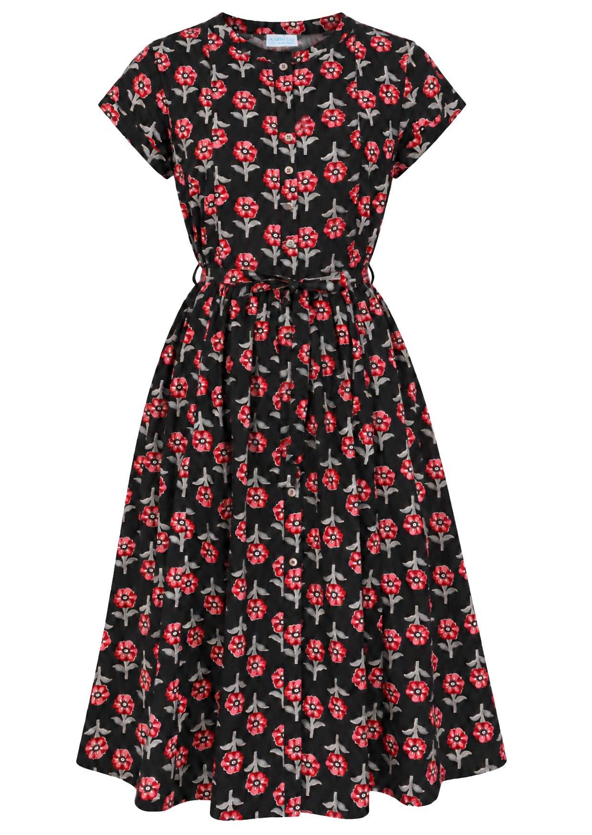 50's style cotton button through midi length dress with a waist tie.