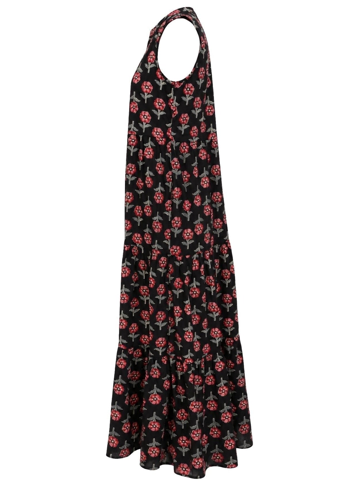 Black sleeveless tiered maxi dress with red floral print, ghost mannequin side view.