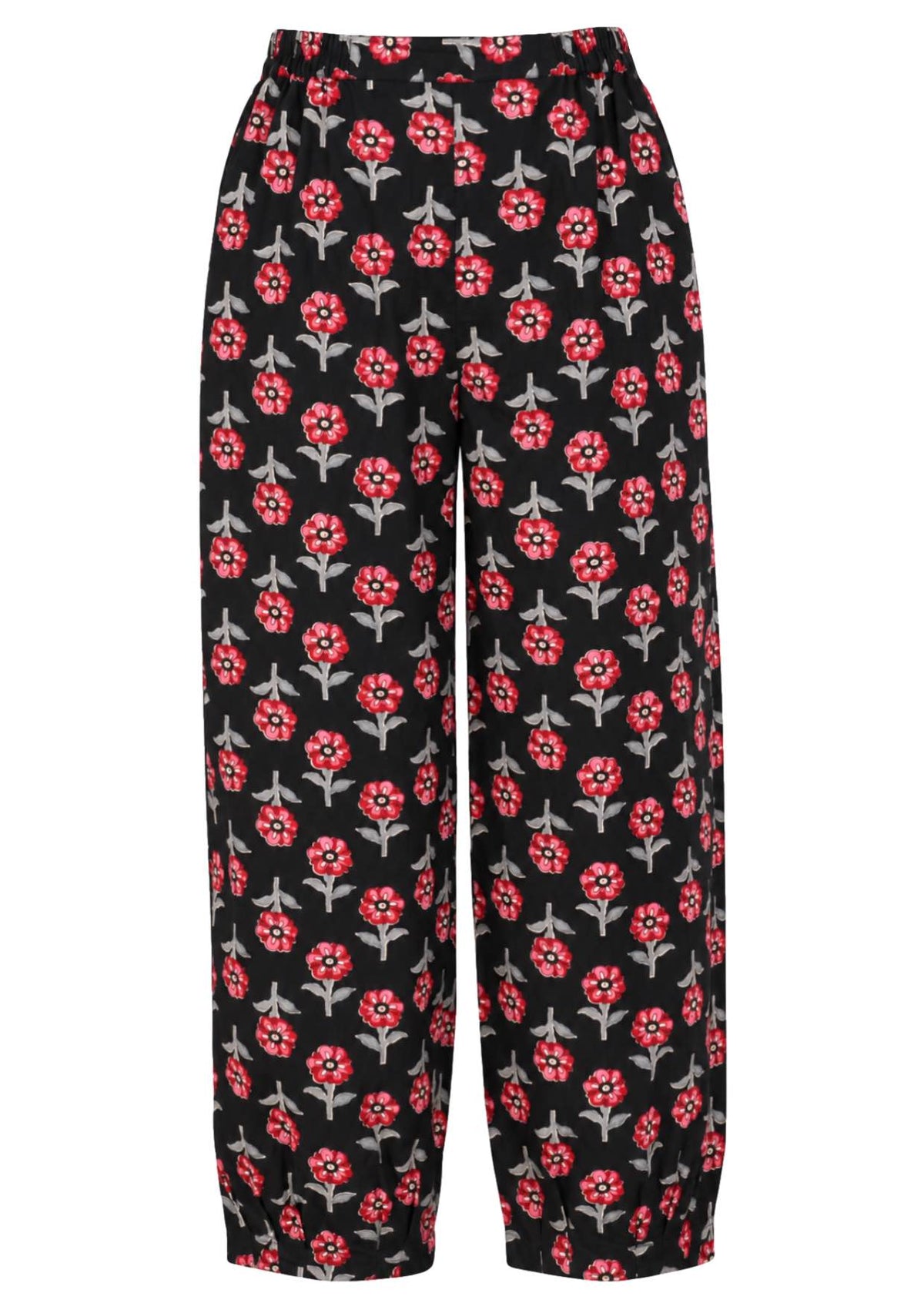 Back view of 100% cotton wide leg pants with elastic waist and pockets in black based floral print.