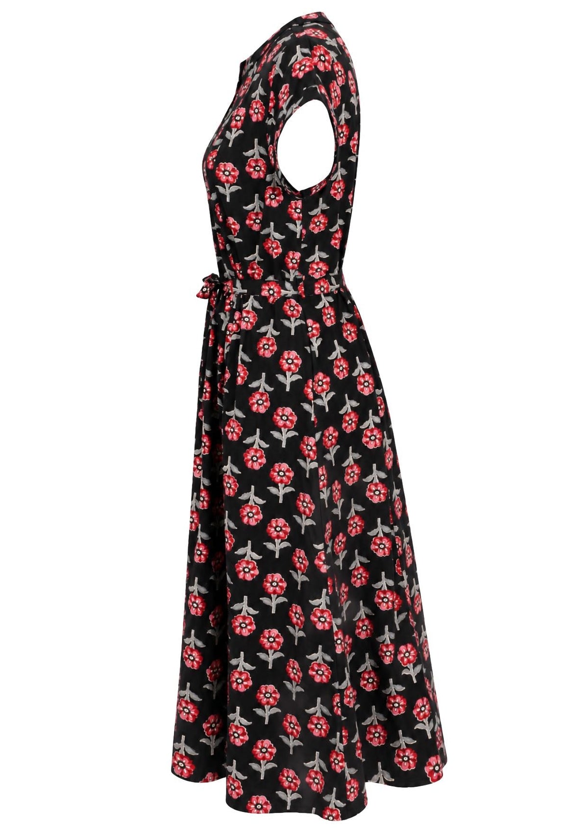 Side view of 50's style cotton button through midi length dress with a waist tie and hidden side pockets.