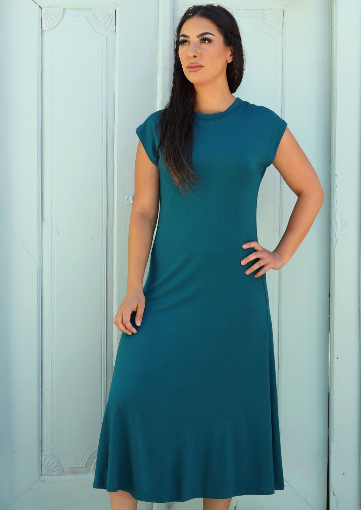 soft stretch rayon midi dress blue teal