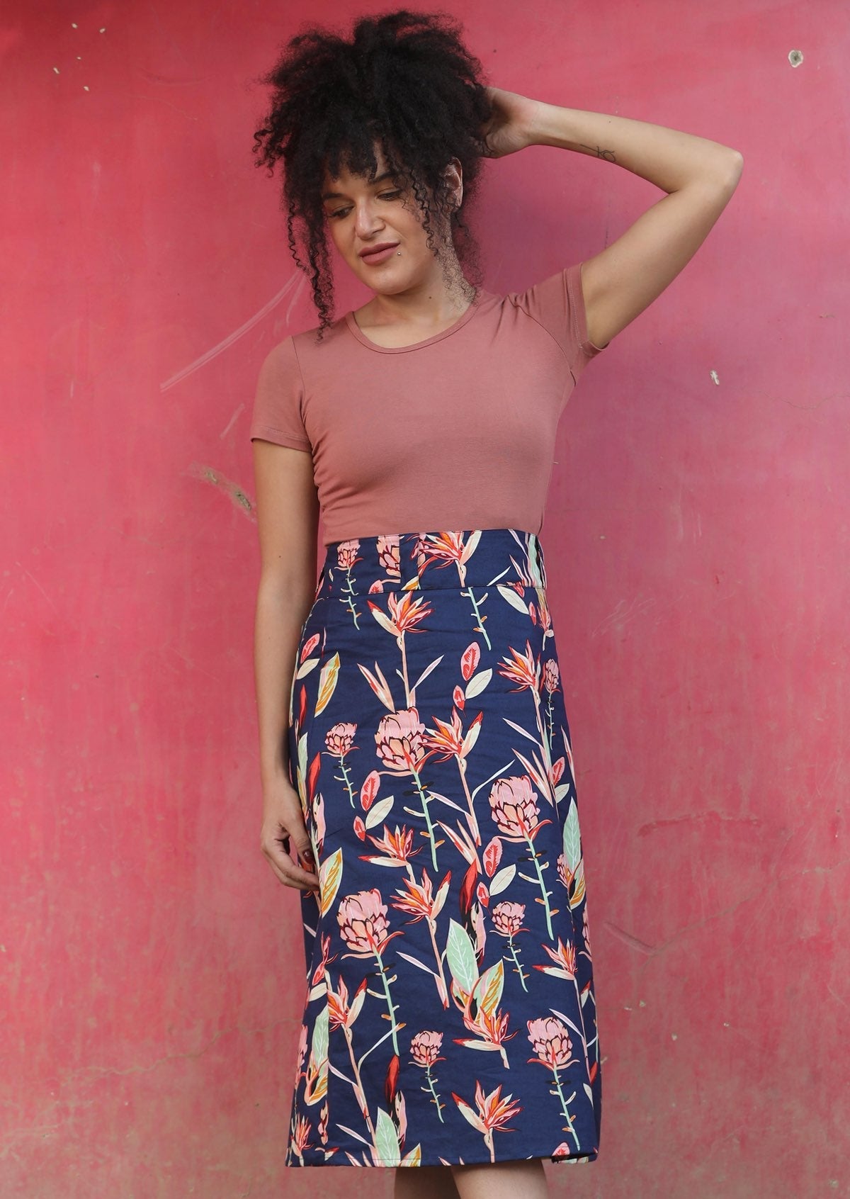 100% Indian cotton navy pink and green floral skirt