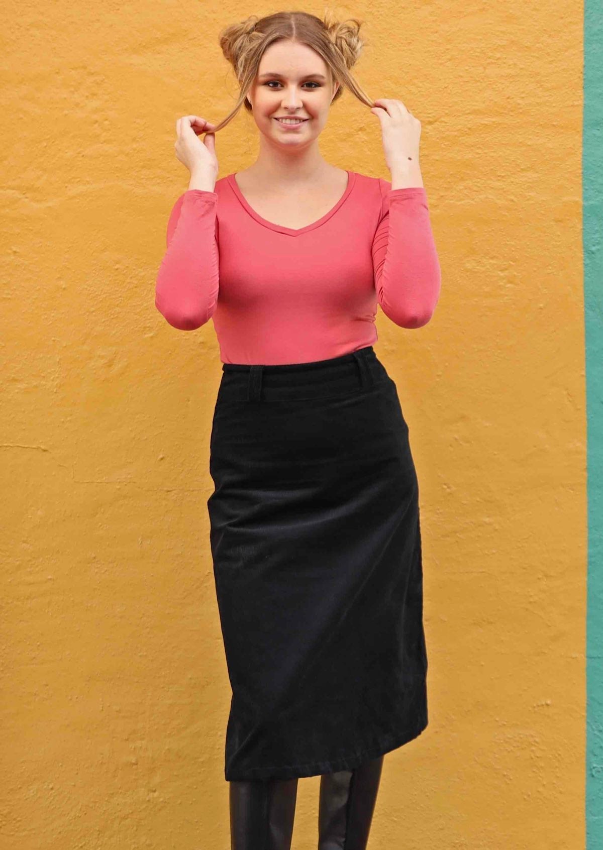 Belt Loop Cord Skirt a-line below knee length wide waistband yoke belt loops back pockets side zipper 100% cotton corduroy black | Karma East Australia