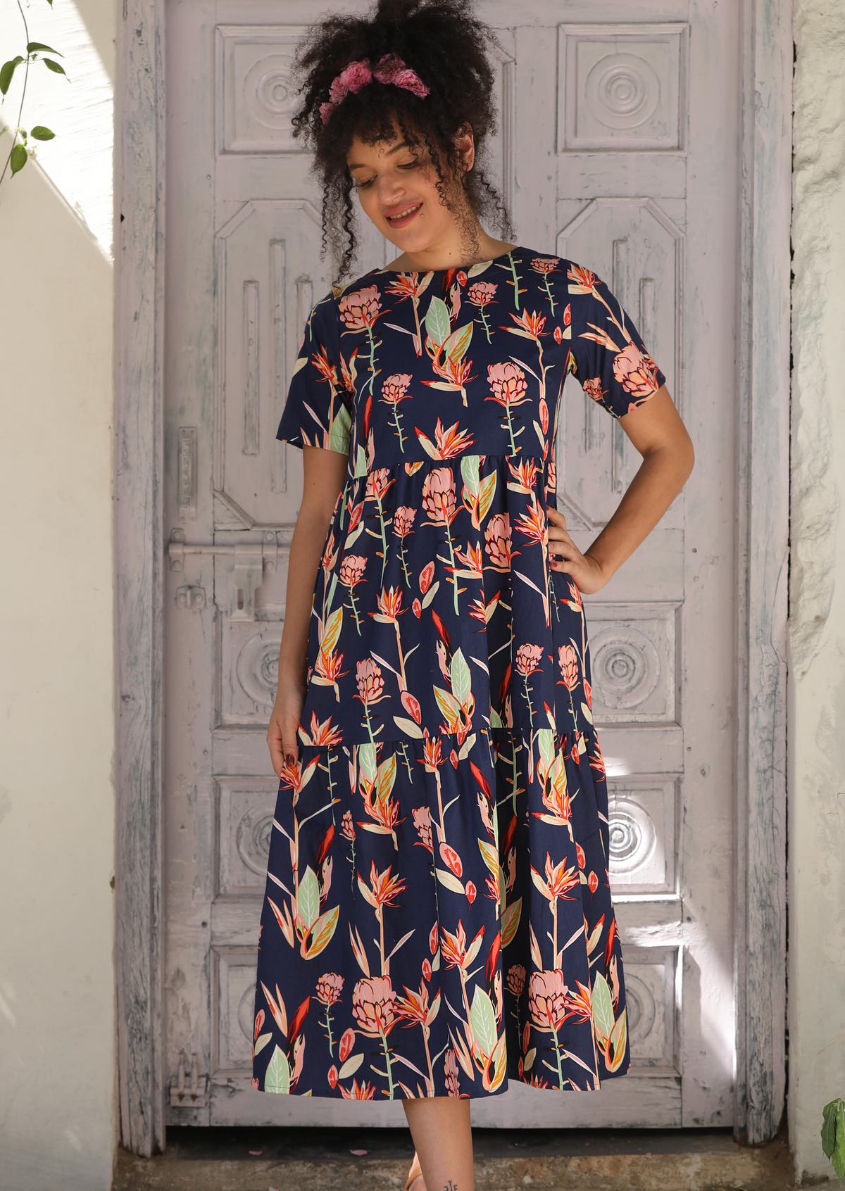 Floral Printed Cotton Tiered Womens Dress