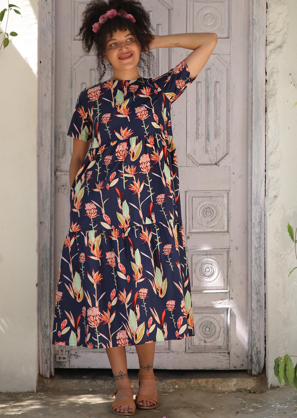 Womens Round Neck Midi Dress with tiers and pockets.