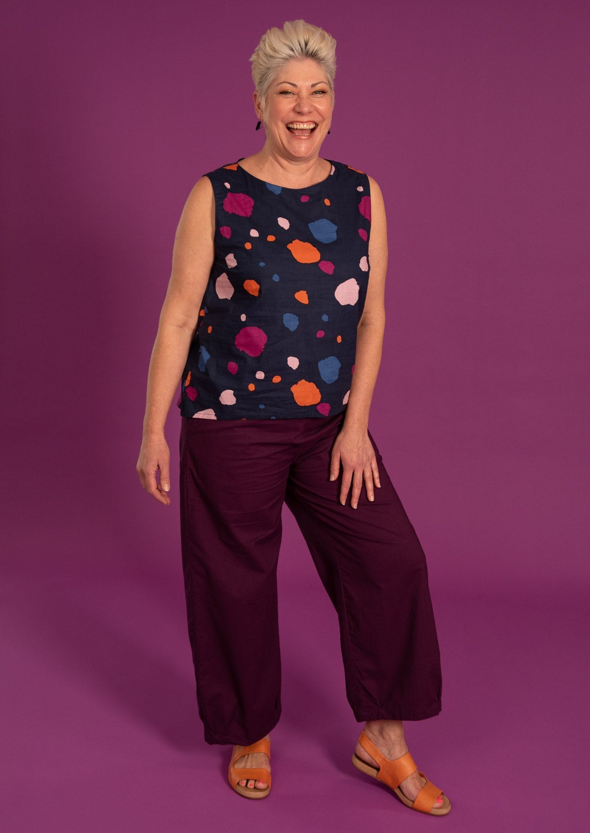 Colourful printed 100% cotton women's top with high round neckline