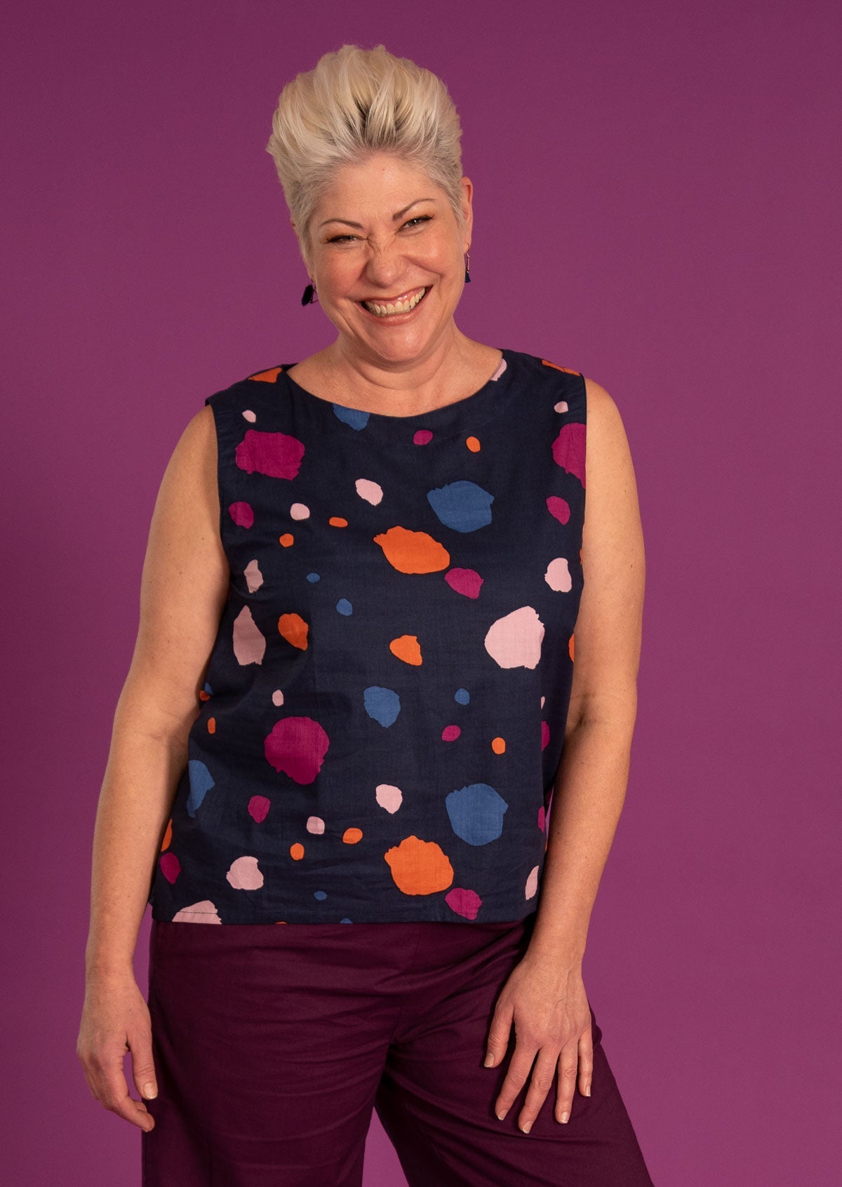Eden Top sleeveless round neckline a-line fit with slight concave hem 100% cotton dark navy background with multi coloured spotted print | Karma East Australia
