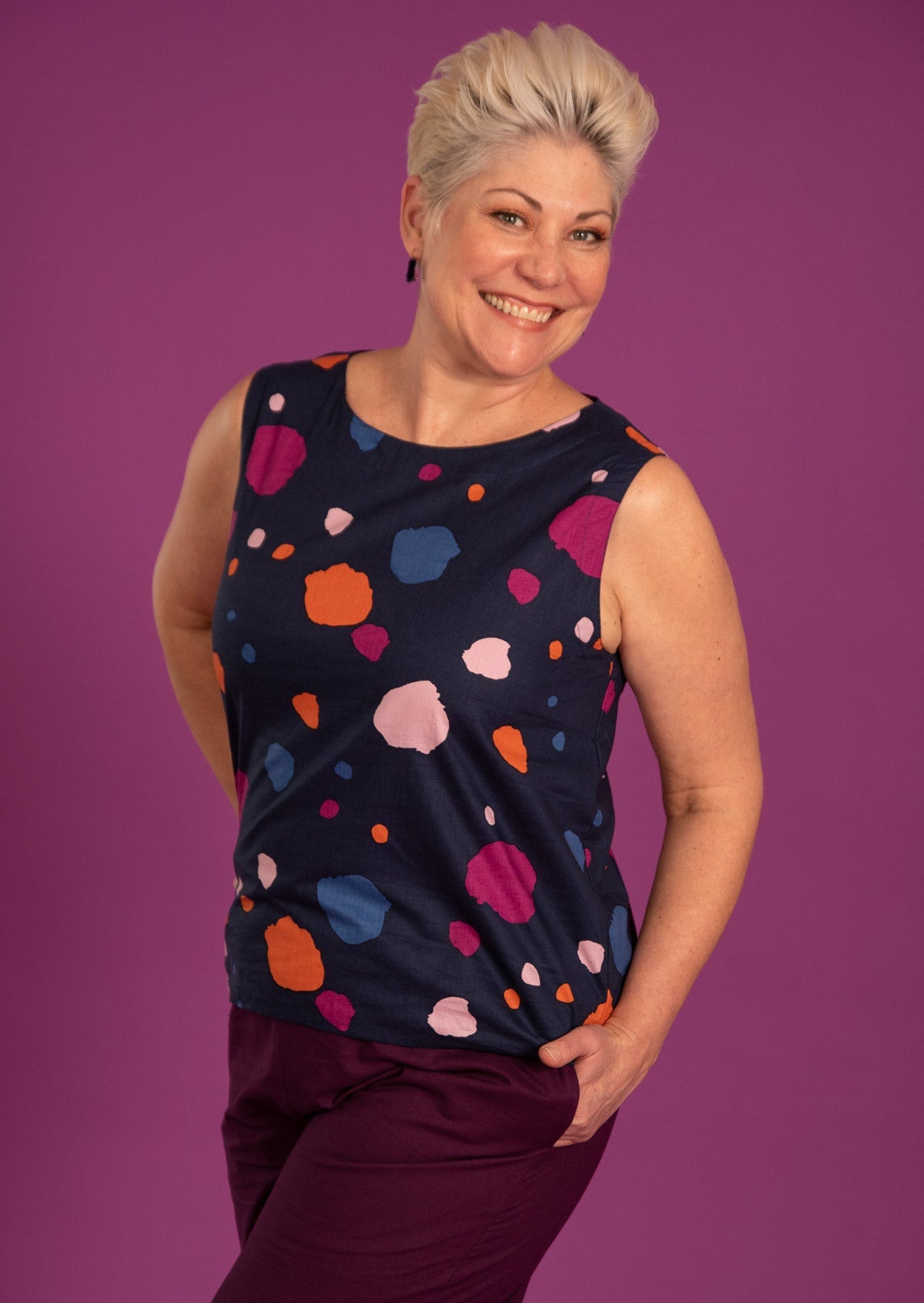 Round neck women's, sleeveless top designed in Australia.