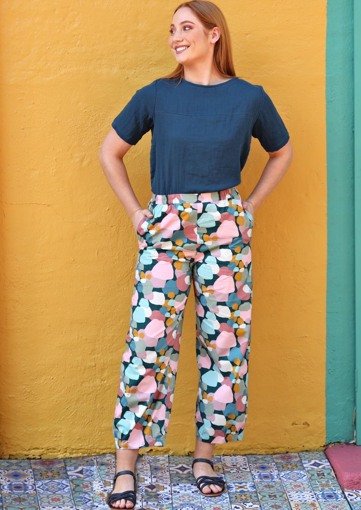 Greta Pants high waisted women's pants elasticated waistband side pockets pleats at side of ankles 100% cotton teal pink blue and mustard spotted print | Karma East Australia