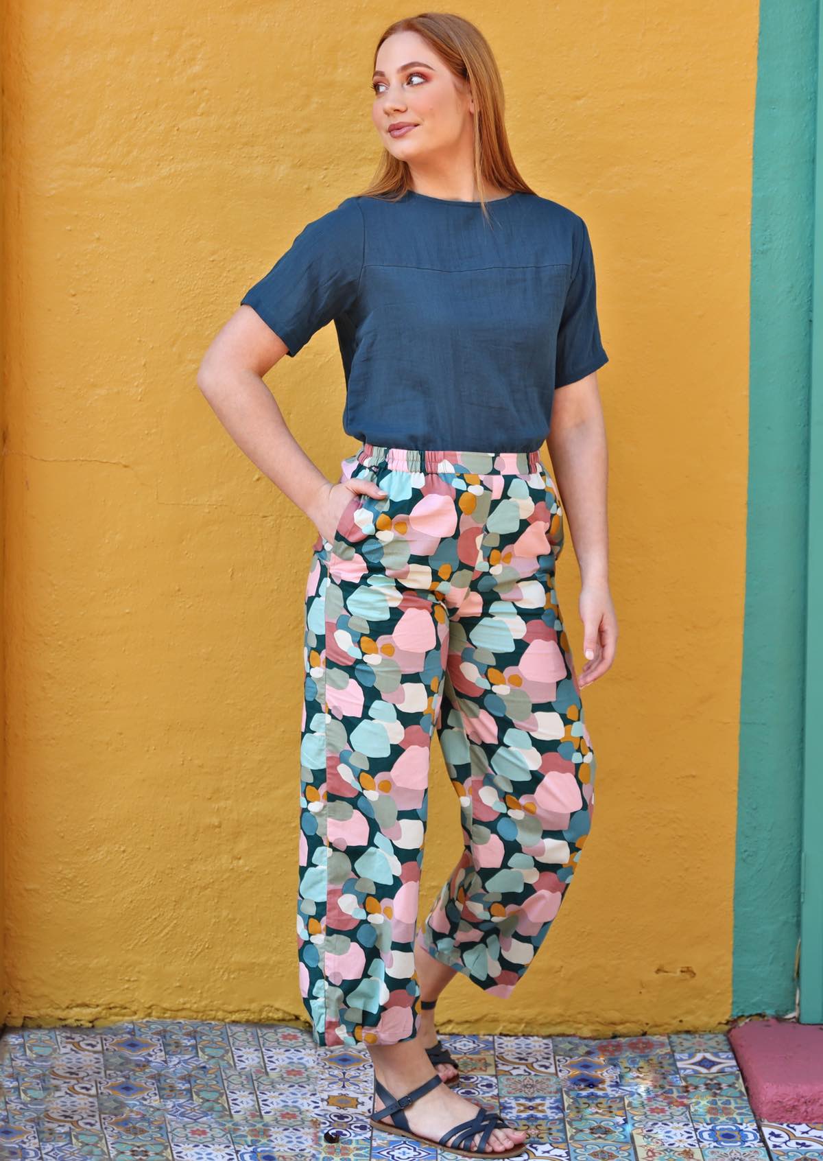 100% Indian cotton printed women's pants in pastel spotty print