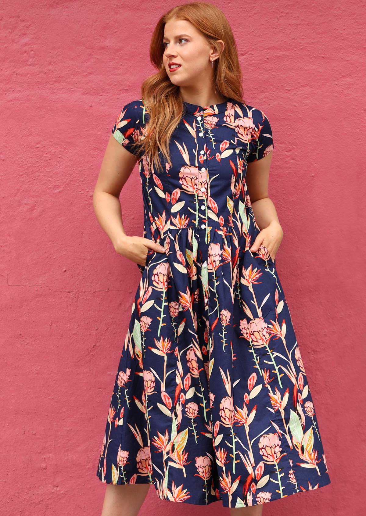 Short Sleeve 100% Printed Cotton Midi Dress with Pockets