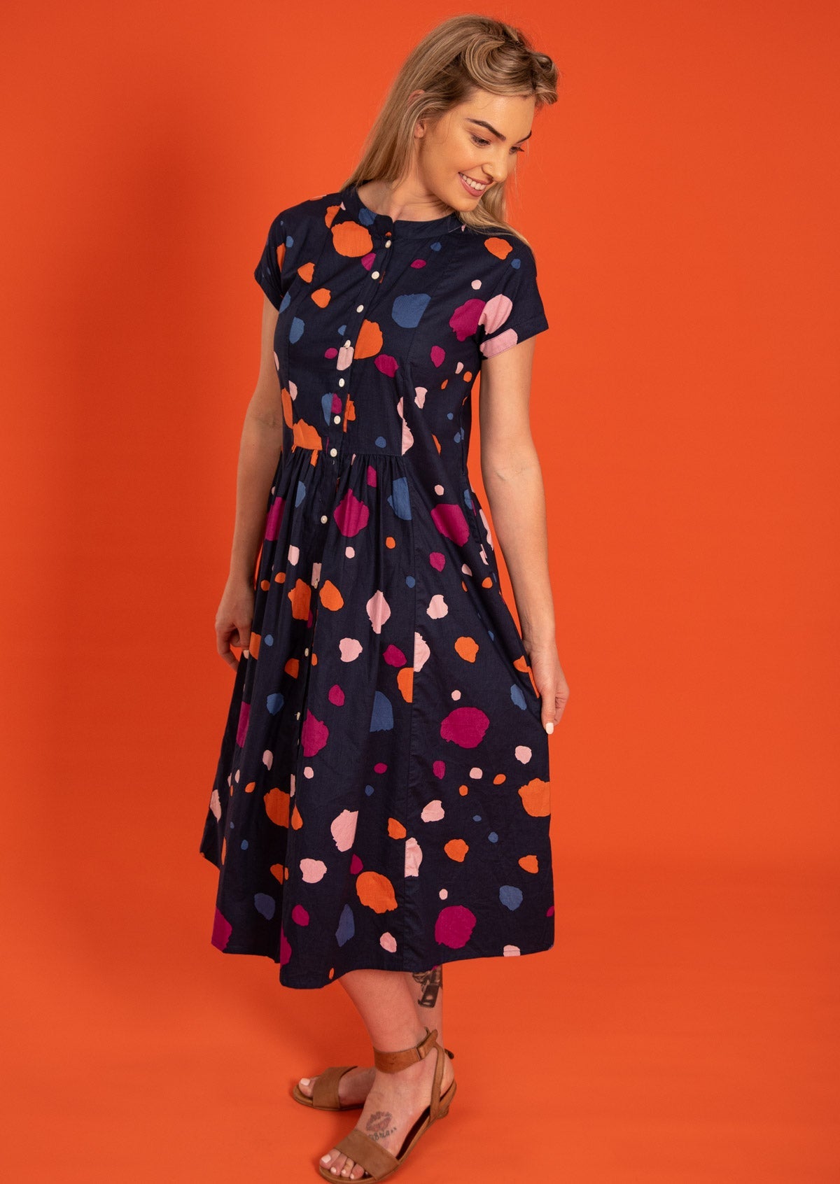 Full Button Down Closure Cotton Midi Dress