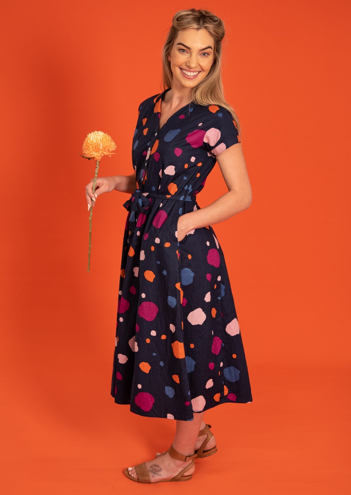 Navy background and coloured spots Bold Printed Cotton Womens Midi Dress