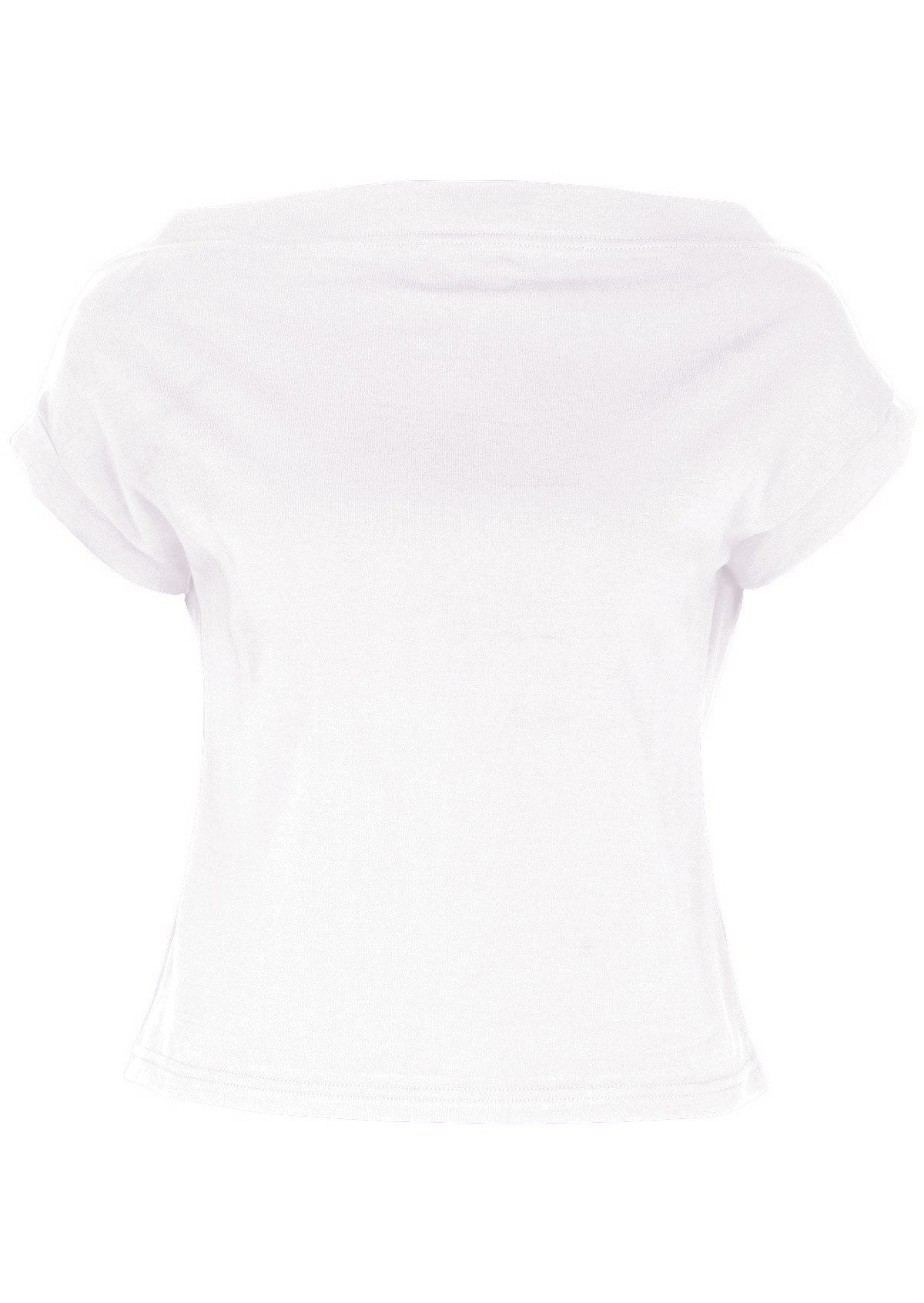 Front view of a women's wide neck mod white stretch rayon boat neck top