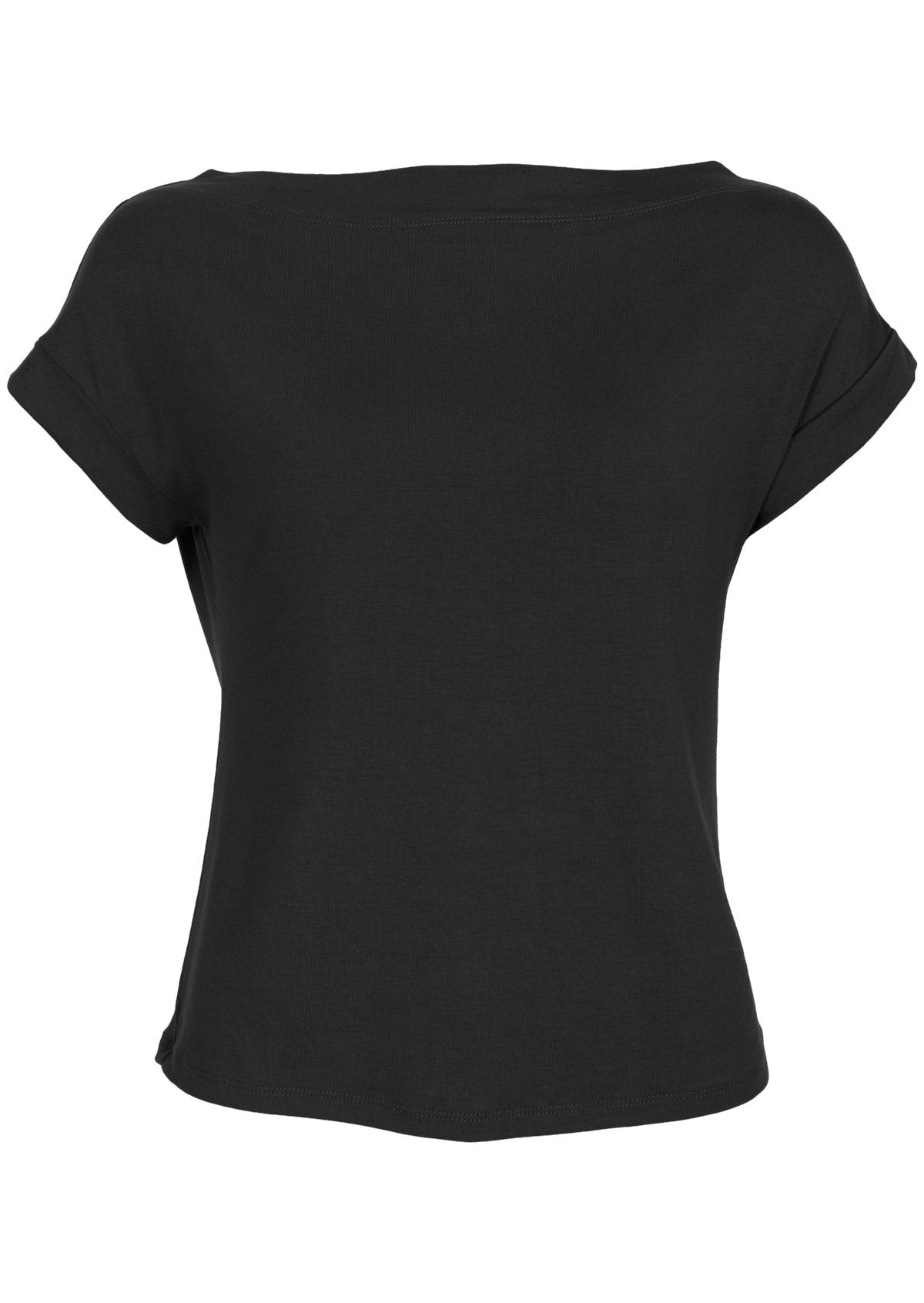 Front view of women's wide neck mod black stretch rayon boat neck top