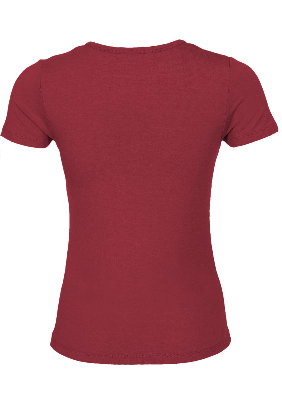 Back view of women's scoop neck maroon rayon fitted t-shirt.