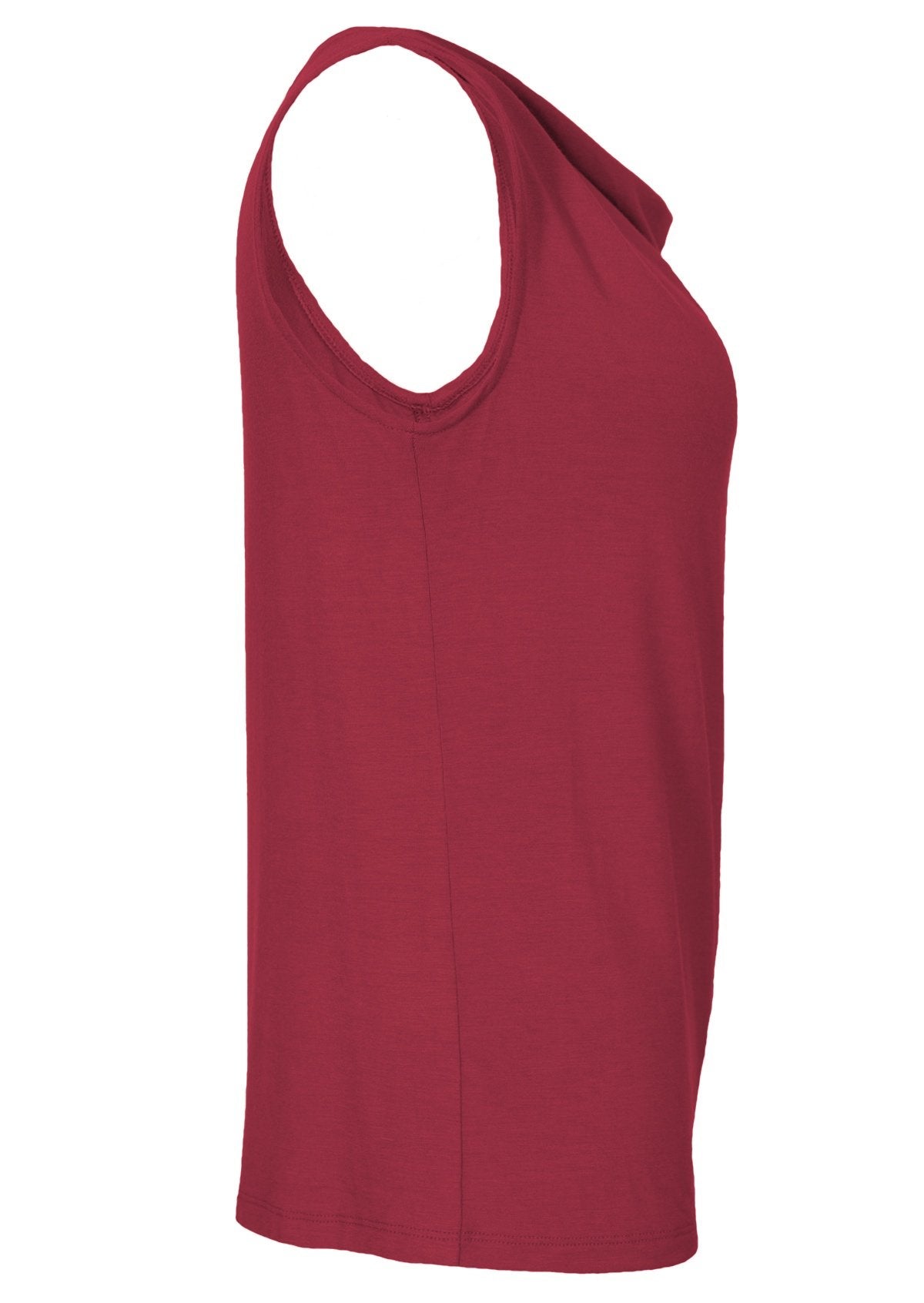 Side view sleeveless cowl neck top maroon red