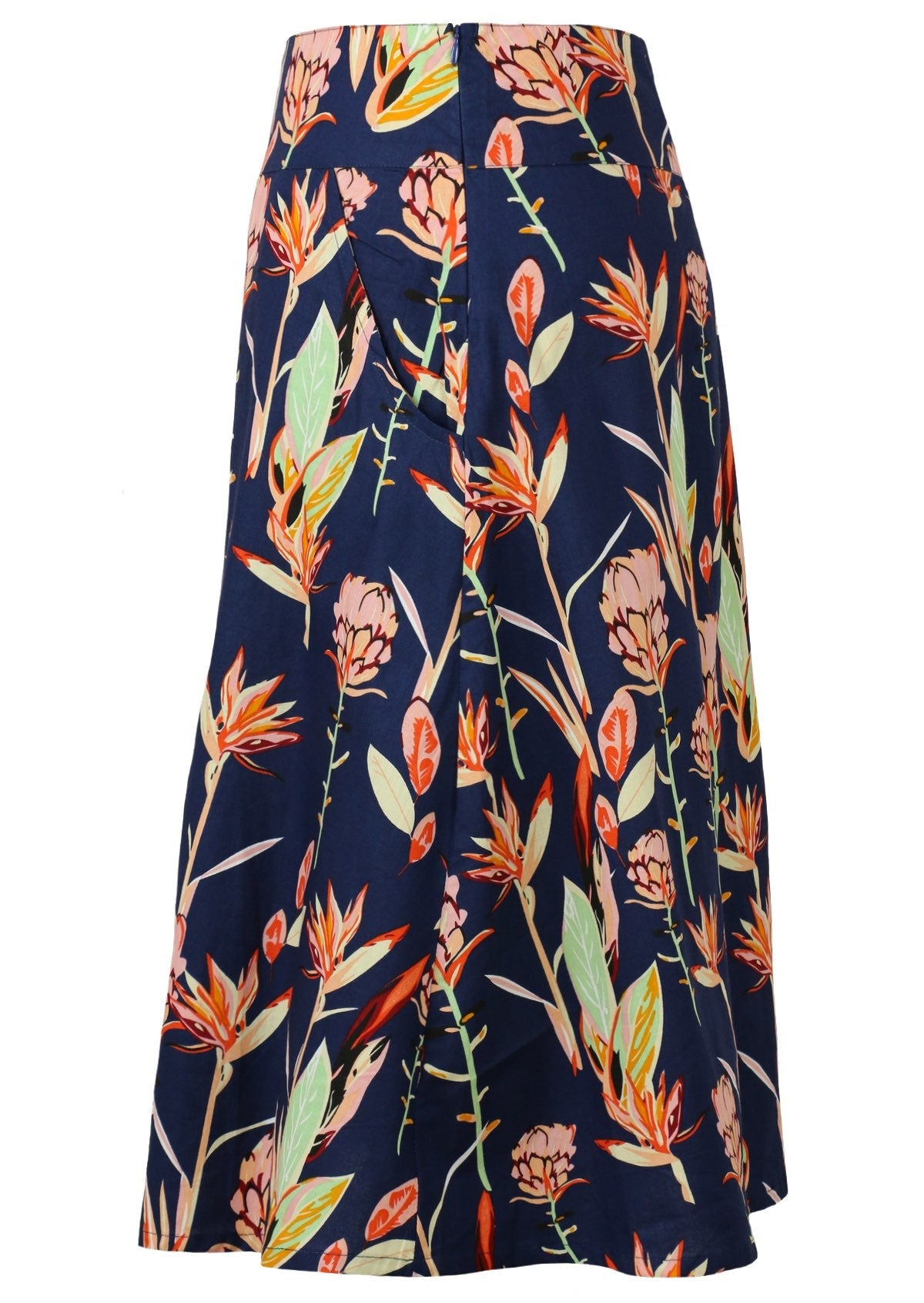 Side view of floral cotton skirt with side zipper