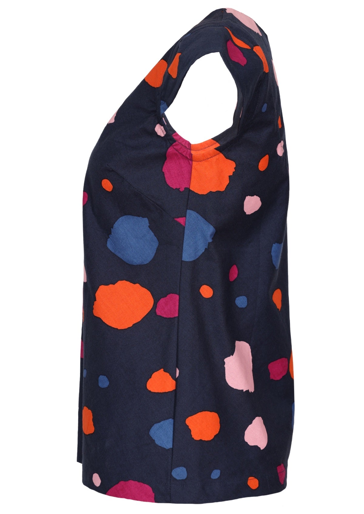 Cotton cap sleeve top in navy blue based multi coloured spotty print