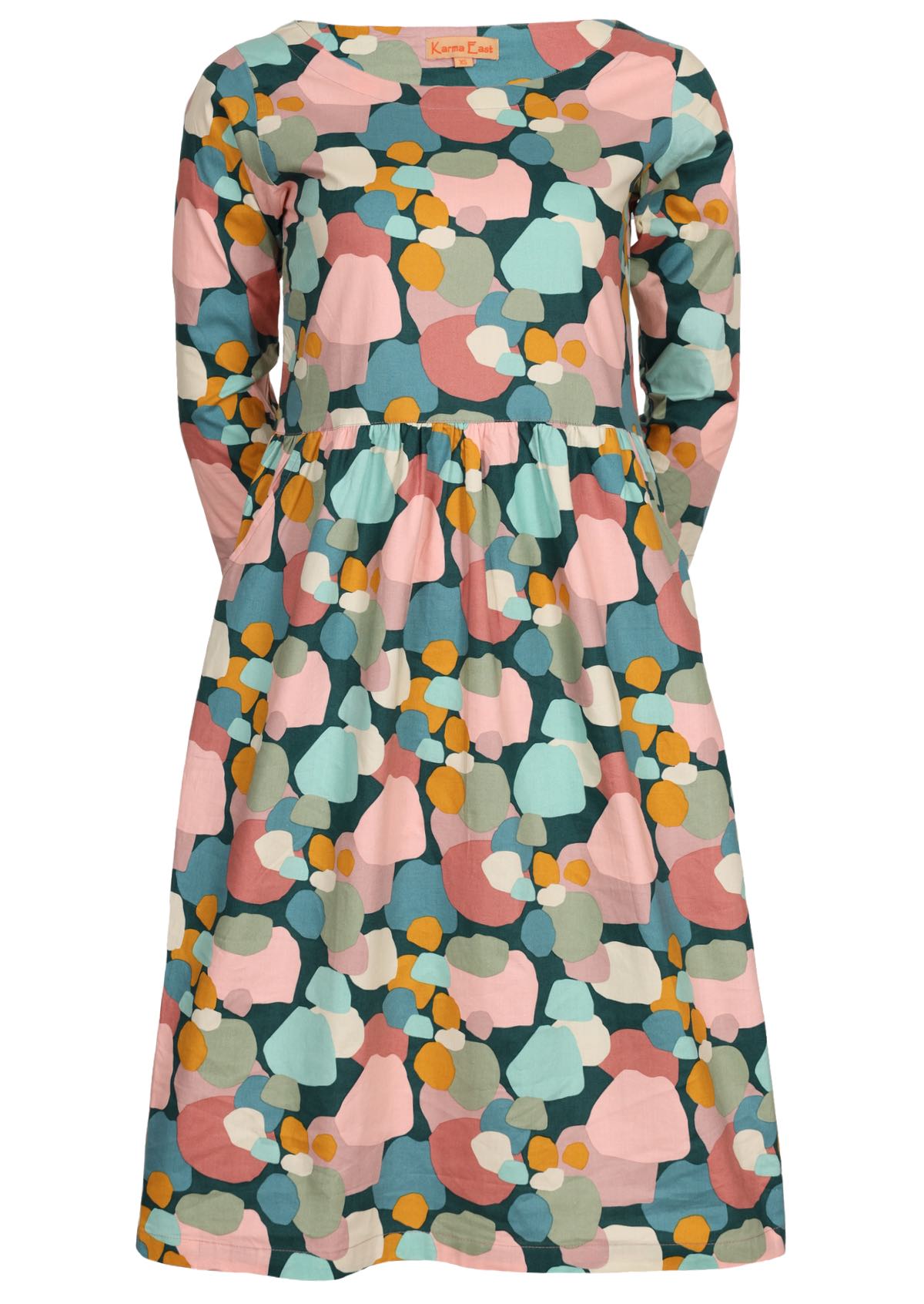 3/4 sleeve pastel printed cotton knee length dress with wide round neckline