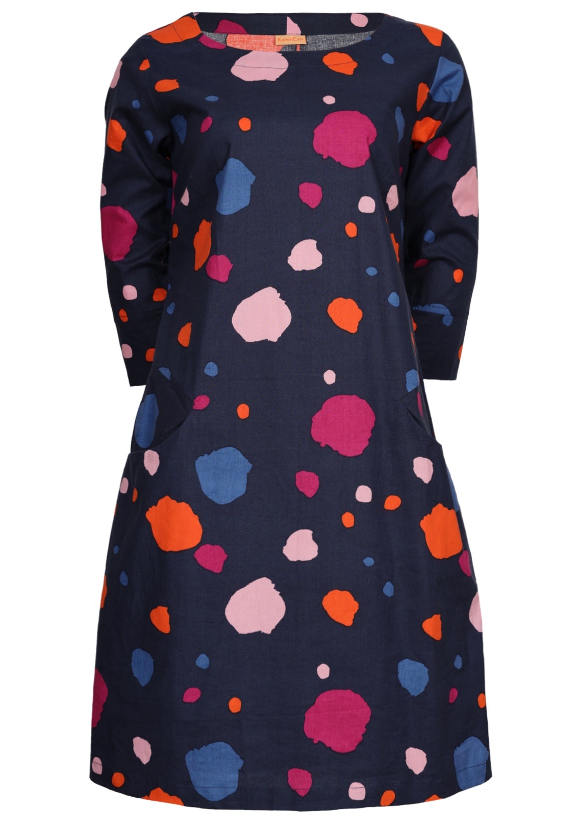 100% cotton dress with A line skirt, 3/4 sleeves and pockets.