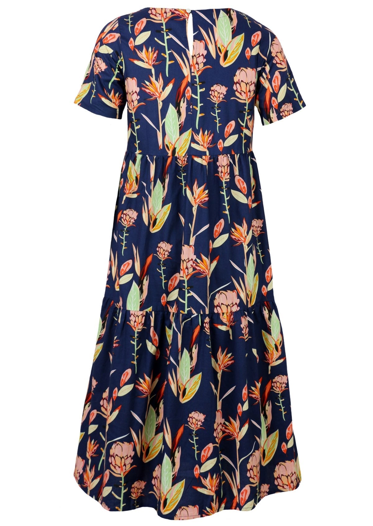 Back View Below Knee Length Womens Dress in navy based floral print