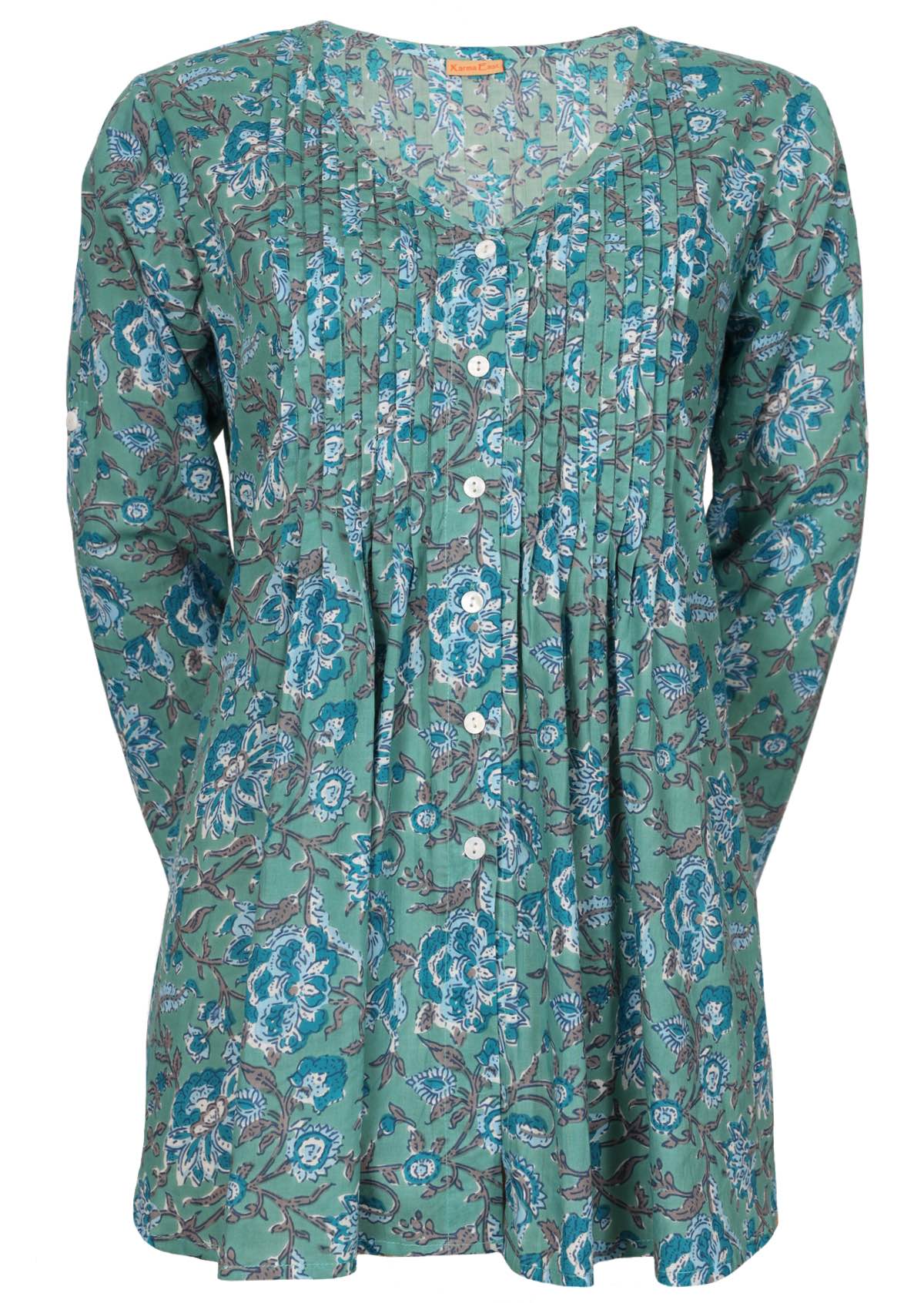 100% cotton top with small pin tucks across chest in floral print with aqua blue base.