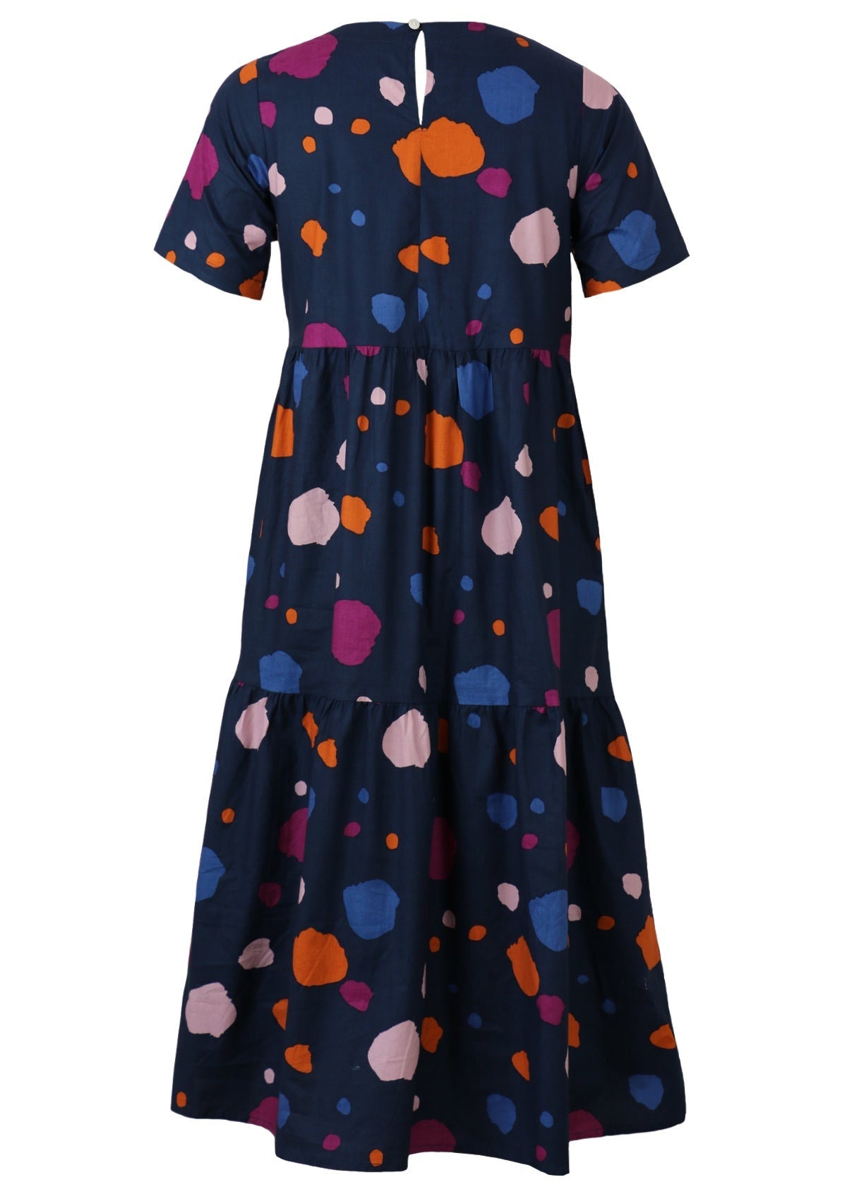 Back View Short Sleeve Printed Dress with button back closure.