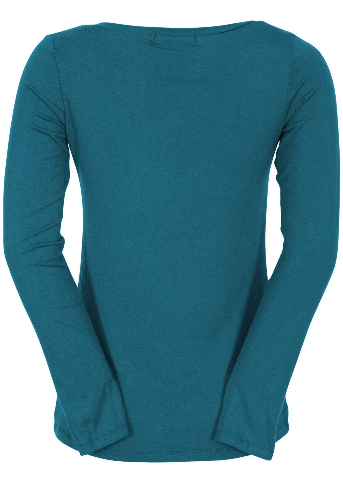 Back view of women's teal long sleeve stretch v-neck soft rayon top.