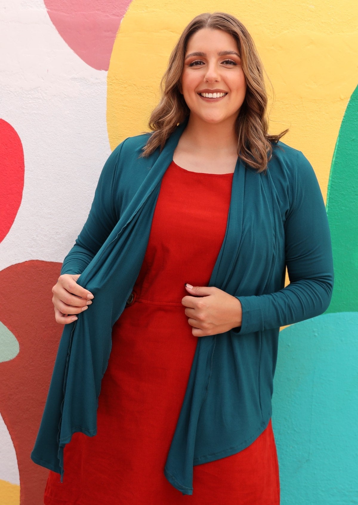 Long Sleeve Stretch Cardi long sleeve longer at front handkerchief hem soft stretch rayon teal blue | Karma East Australia