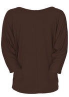 Back view of dark brown soft stretch rayon jersey 3/4 sleeve batwing top