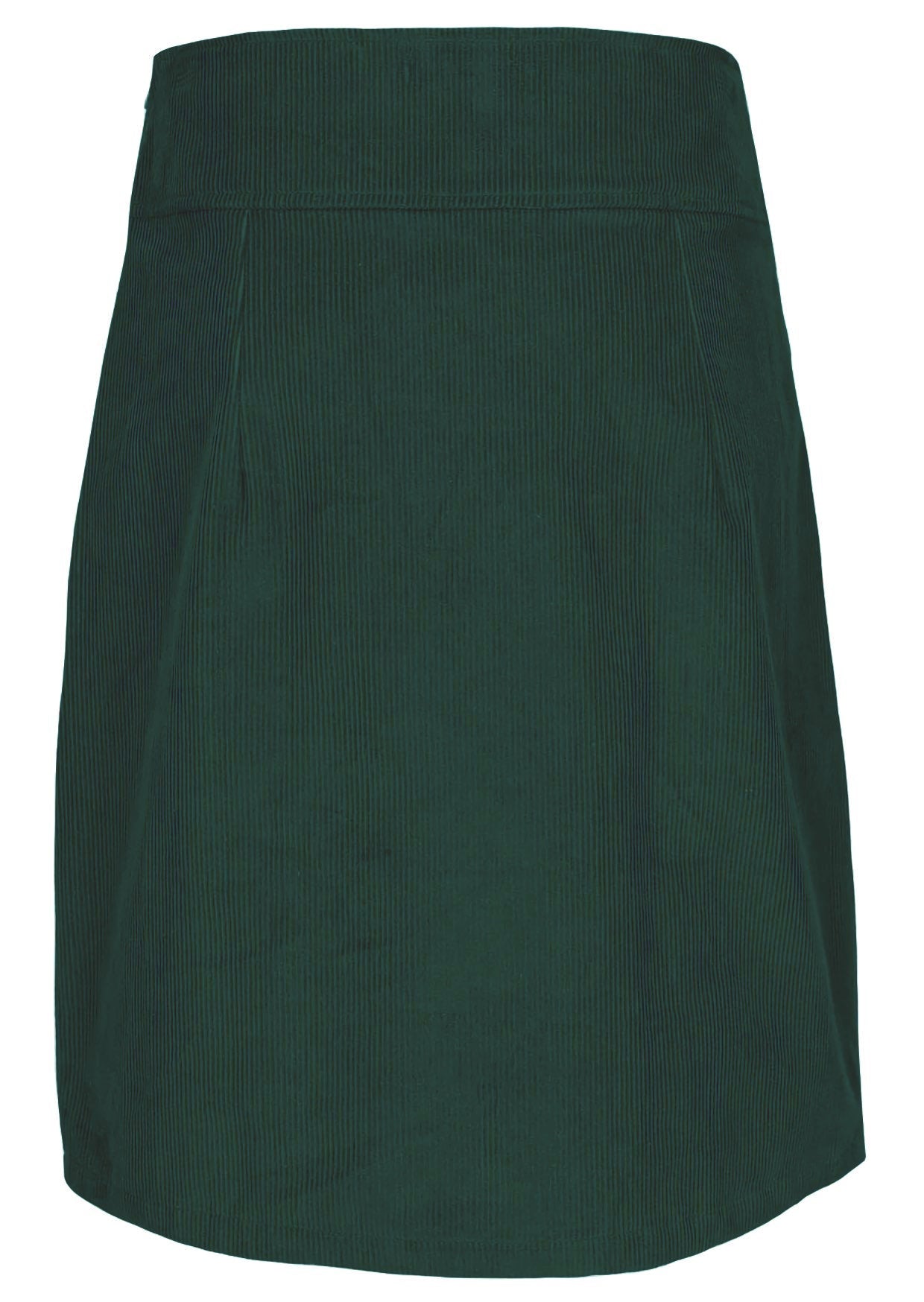 Back mannequin photo of green cotton corduroy knee length A-line skirt
