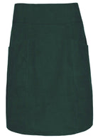 Front mannequin photo of green cotton corduroy A-line skirt with pockets