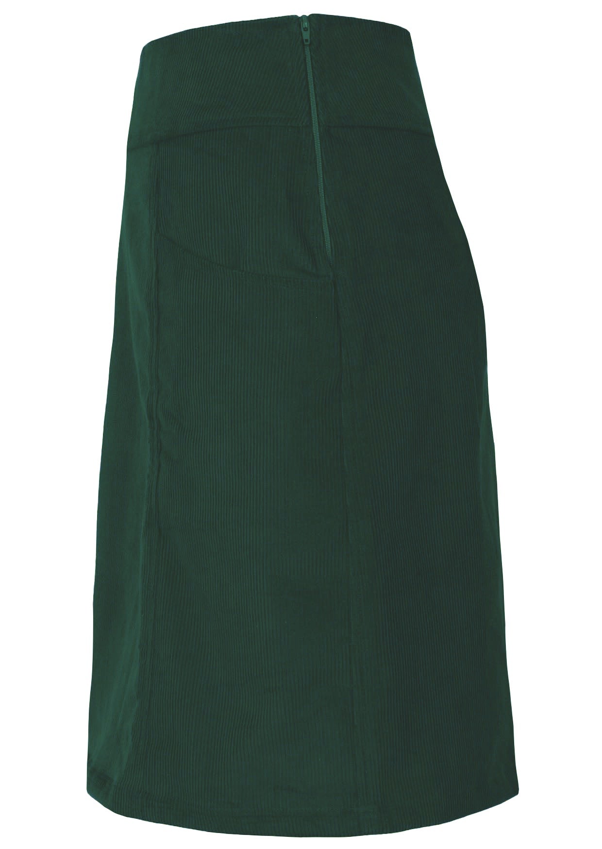 Side mannequin photo of green cotton corduroy A-line skirt with pockets and side zip